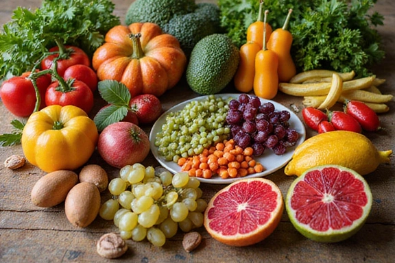 Tisch mit bunten Früchten und Gemüse