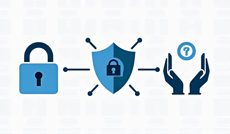 Datenschutz-Symbole: Schloss, Schild und Hände, die Daten schützen