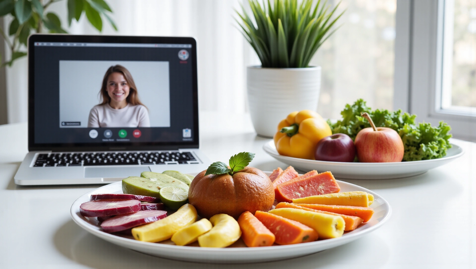 Moderne, saubere Darstellung von gesunden Lebensmitteln und einer Person bei einer Online-Beratung.