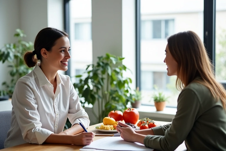 Ernährungsberaterin im Gespräch mit einem Klienten in einem hellen, freundlichen Beratungsraum.