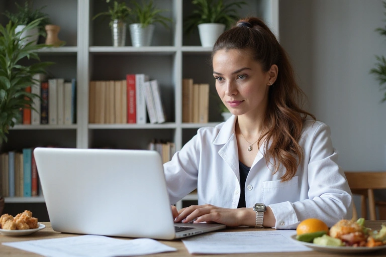 Ernährungsberaterin arbeitet konzentriert an einem Laptop, recherchiert Ernährungspläne.